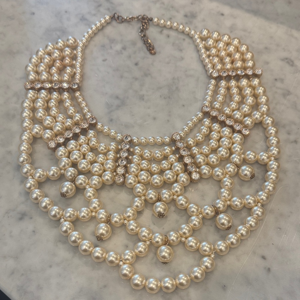 Pearl Statement Necklace - Ivory Multi-Strand Crystal Accents